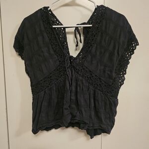 American Eagle Outfitters Dark Blouse with Crochet Detail